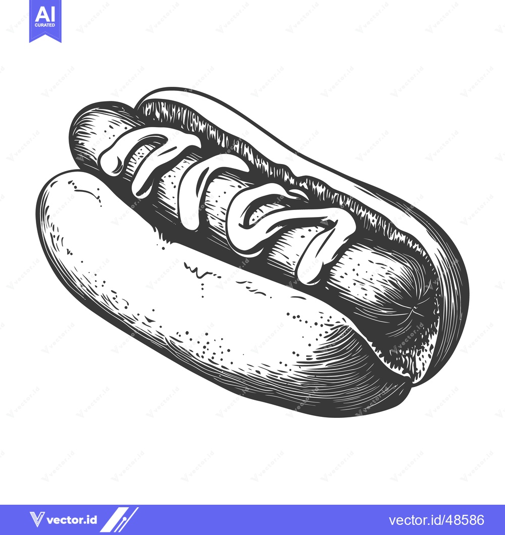 Premium Vector of A detailed monochrome drawing of a hotdog with toppings