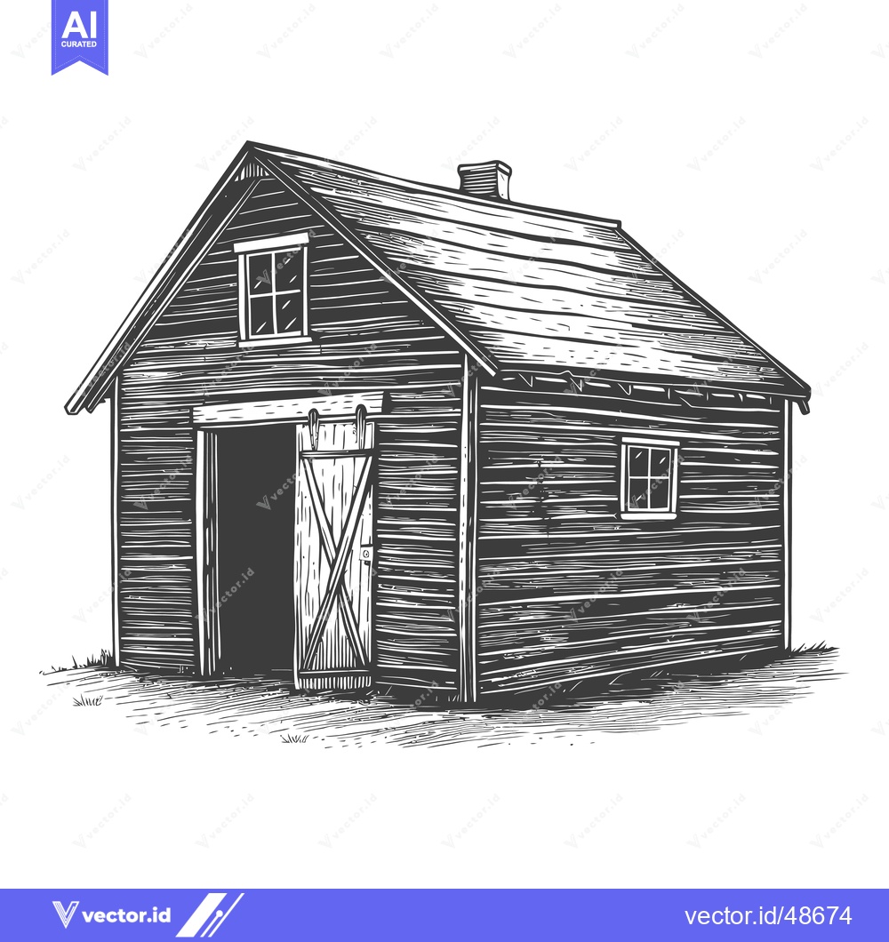 Premium Vector dari Rustic Wooden Barn Building Rural Landscape Sketch