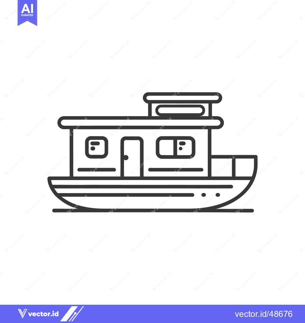 Premium Vector dari Minimalist Line Art: Charming Houseboat Illustration on White Backgrou