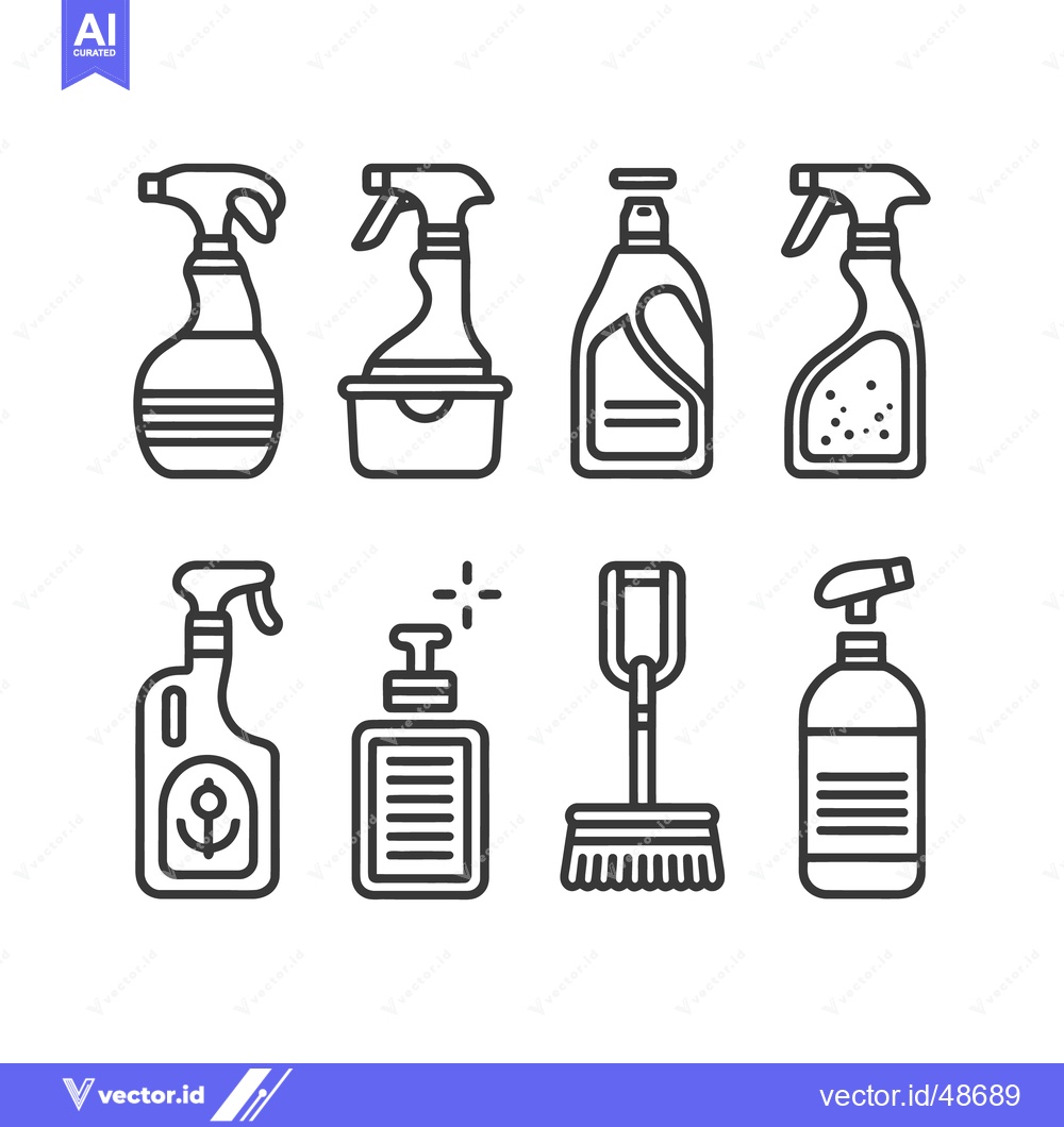 Premium Vector of Cleaning Supplies Icon Set: Spray Bottles, Soap, Mop, Outline Style