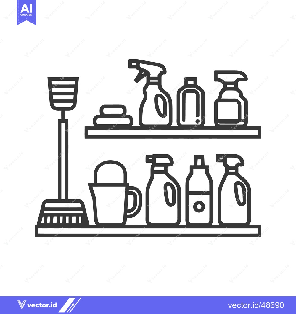 Premium Vector of Minimalist Cleaning Supplies Outline: Broom, Sprays, Bucket on Shelves