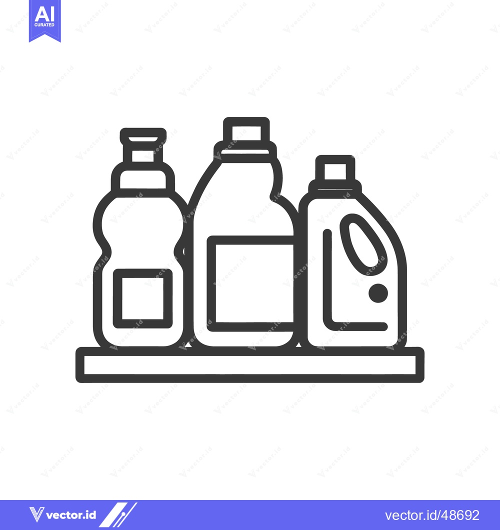 Premium Vector of Minimalist Line Art: Three Detergent Bottles on Shelf Icon