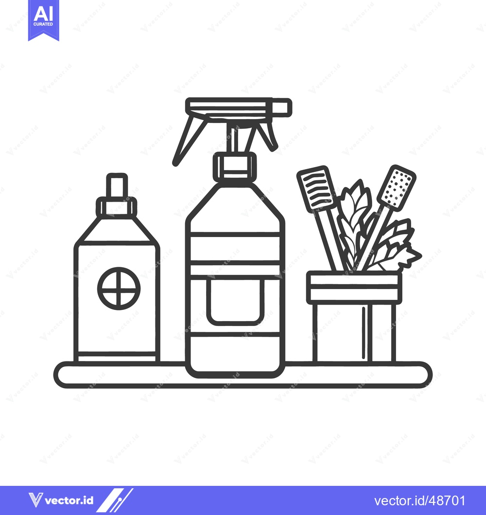 Premium Vector of Household items including spray bottle and toothbrushes arranged on sh