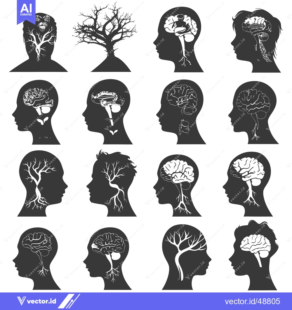 Premium Vector of Human Silhouettes with Tree Roots, Branches, and Brains