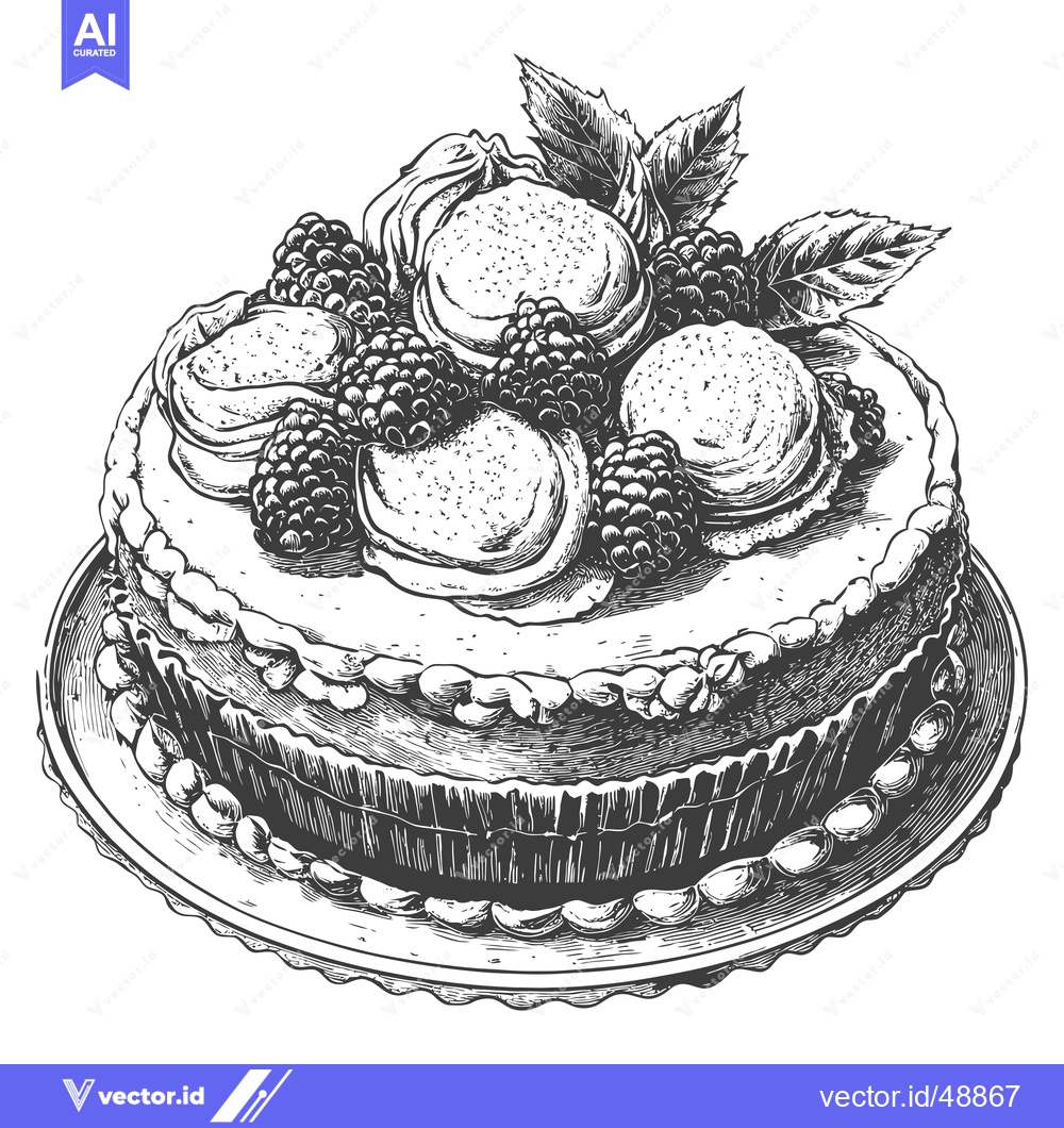Premium Vector of Delicious Blackberry Cake with Meringue and Leaves