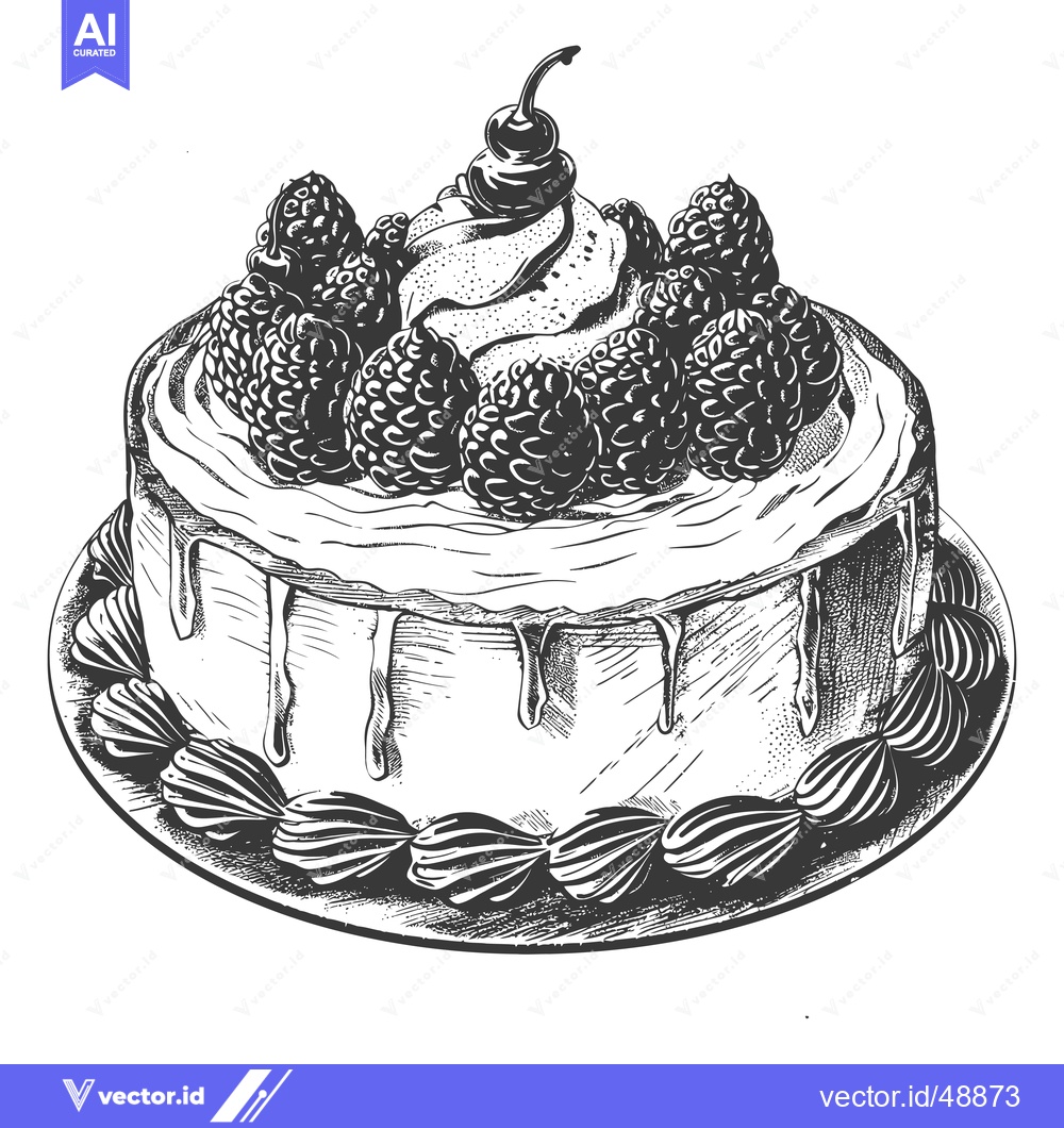Premium Vector of Delicious Black and White Cake Drawing With Berries
