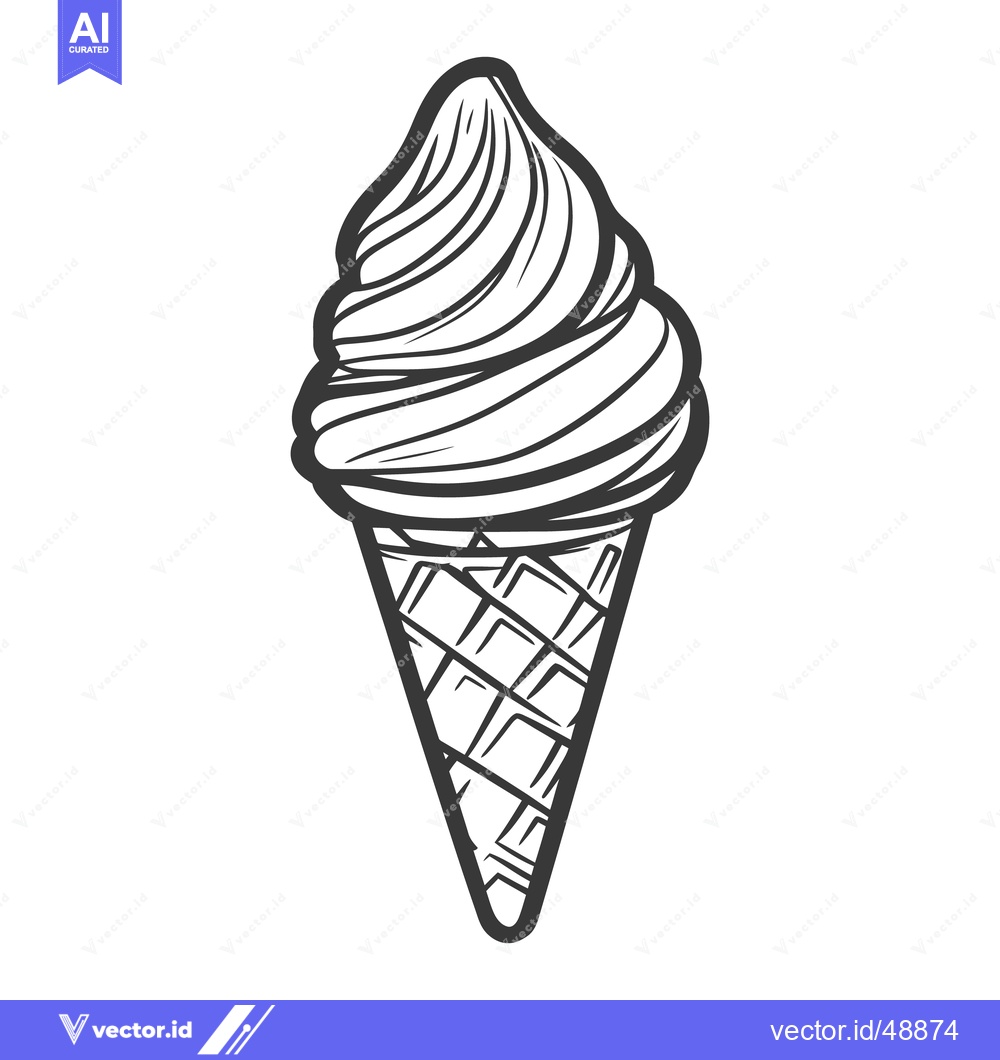 Premium Vector of A black and white illustration of a single ice cream cone