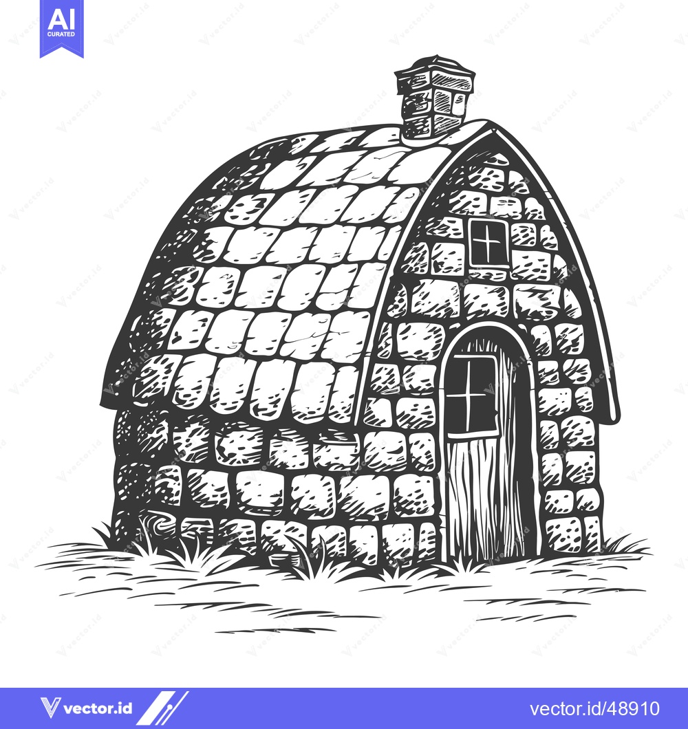 Premium Vector dari Stone Cottage Illustration with Chimney and Grass
