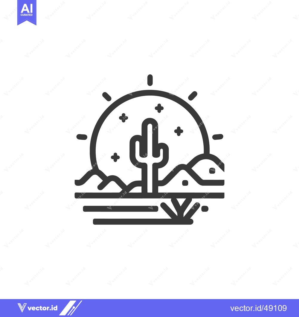Premium Vector of Minimalist Desert Icon: Cactus Silhouette Against Rising Sun and Mount