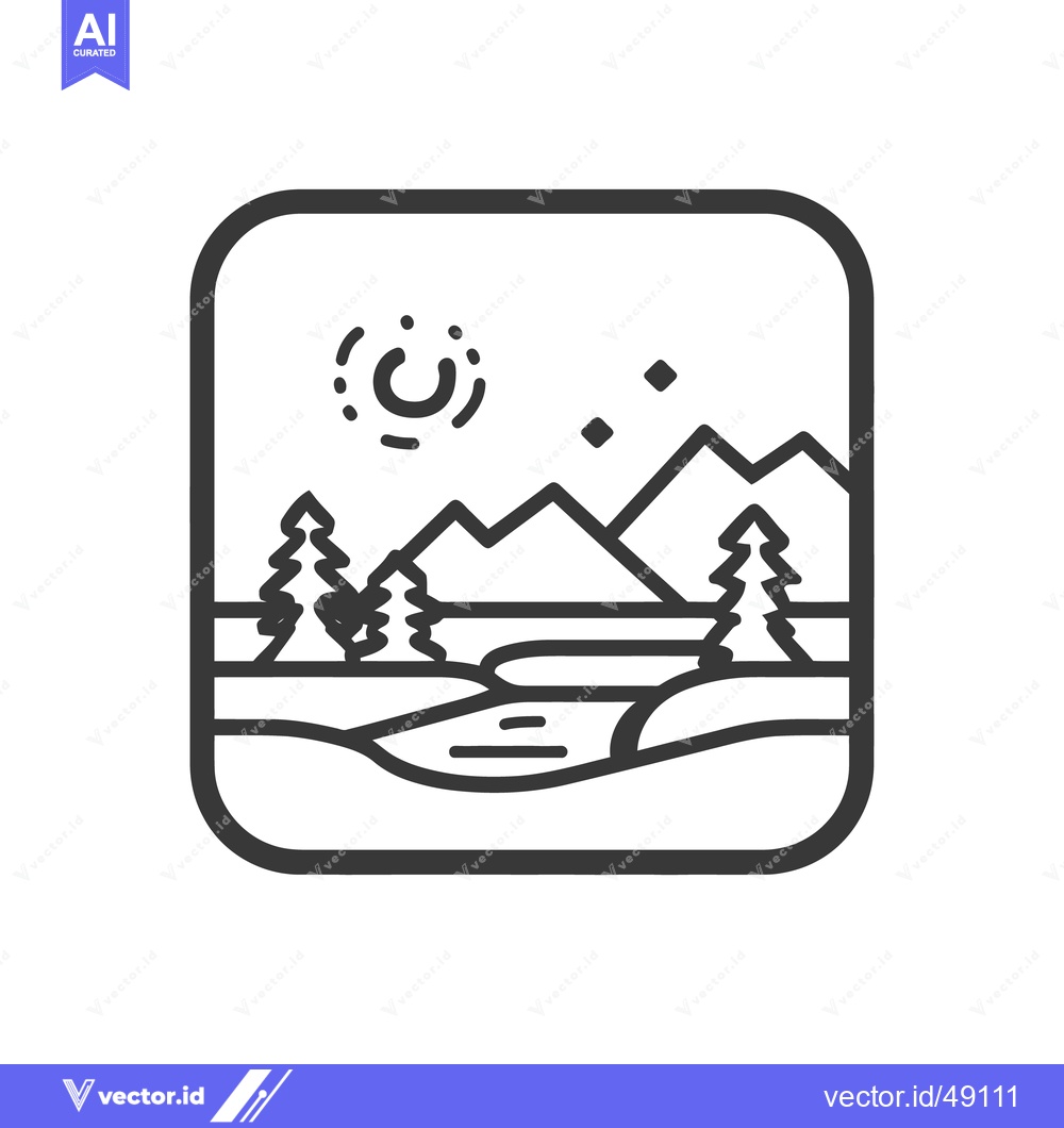 Premium Vector dari Minimalist Mountain Landscape Icon with River, Trees, and Sun
