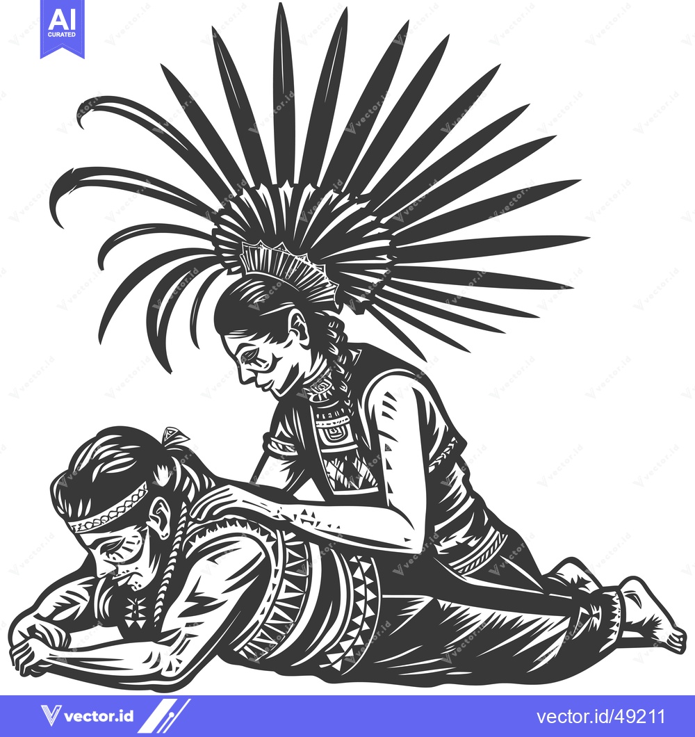 Premium Vector of Indigenous Person With Feathers Headdress Kneeling Over Another Person