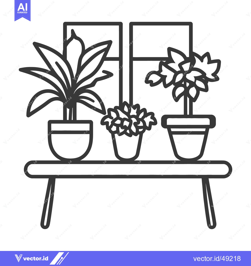 Premium Vector dari Three potted plants sit in front of a window on a table