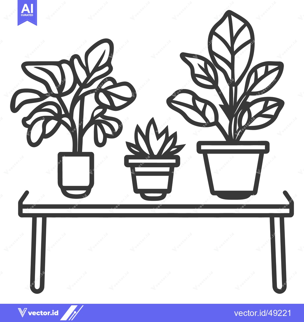 Premium Vector dari Three potted house plants arranged on a simple modern shelf