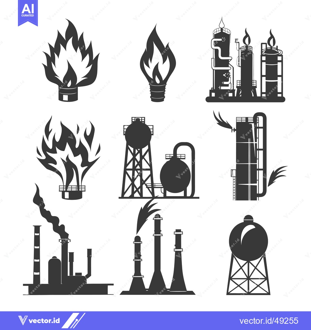 Premium Vector of Industrial Silhouettes: Oil Refinery, Gas Tanks, and Flames