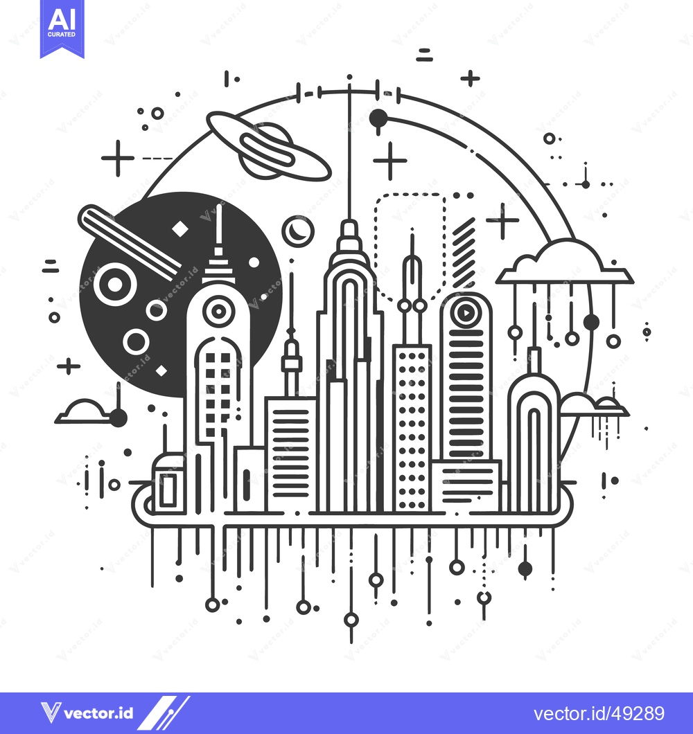 Premium Vector dari A stylized illustration depicts a city skyline with space elements
