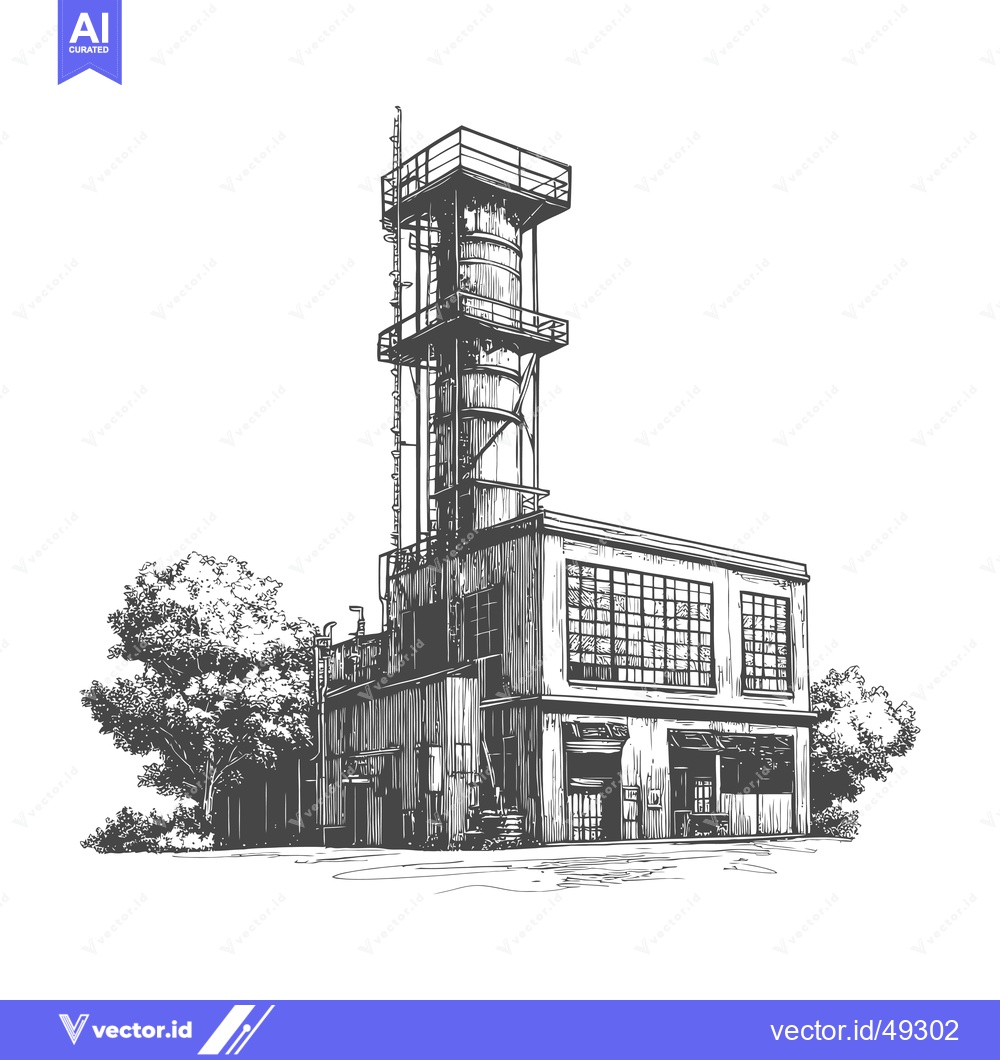 Premium Vector of Industrial Building with Tall Tower and Surrounding Trees