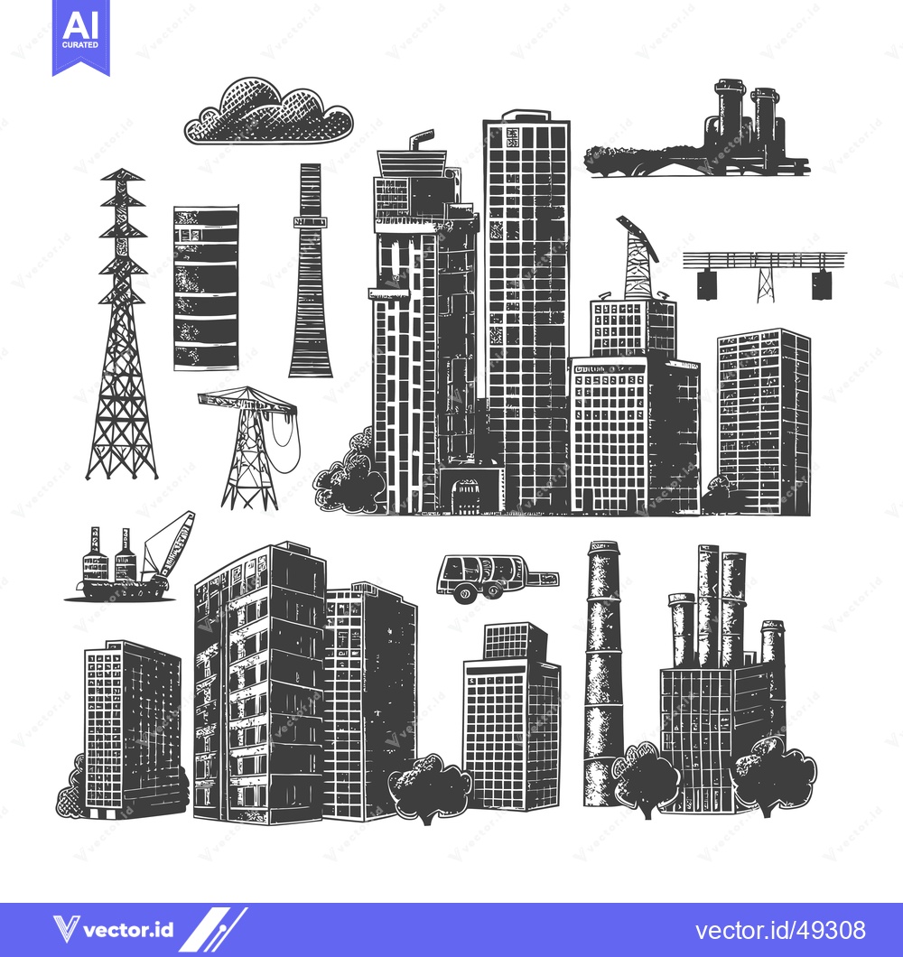 Premium Vector of Cityscape Illustration Featuring Skyscrapers Factories and Infrastruct