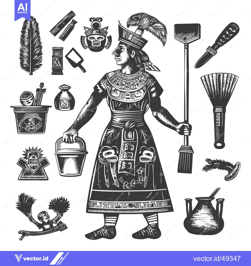 Premium Vector of Ink Illustration of a Mayan Priest with Ritual Objects