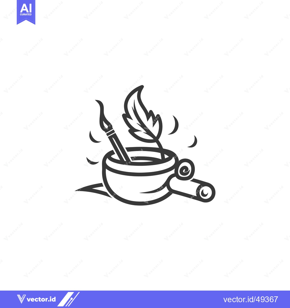Premium Vector dari Inkwell with Quill, Paintbrush, and Rolled Paper