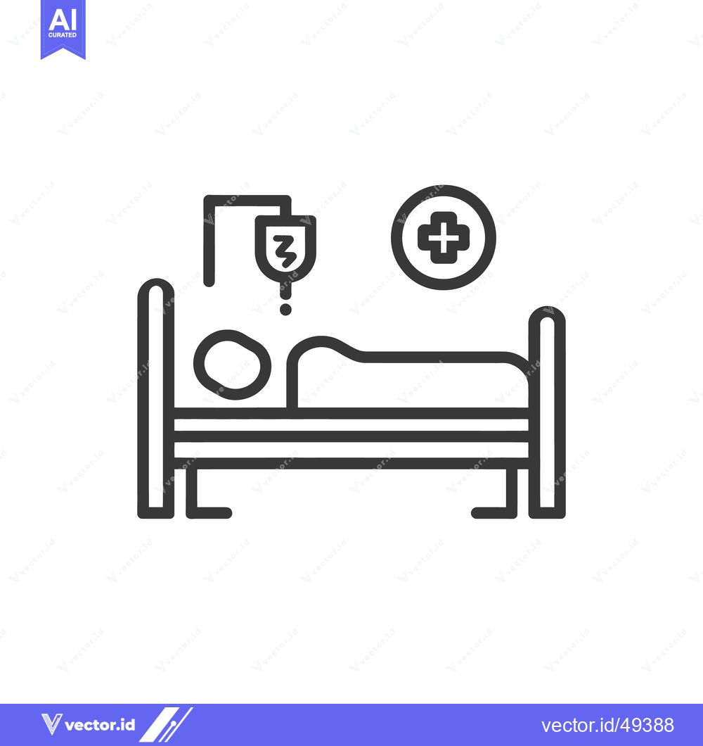Premium Vector of Hospital Bed Icon with IV Drip and Medical Cross Symbol, Line Art