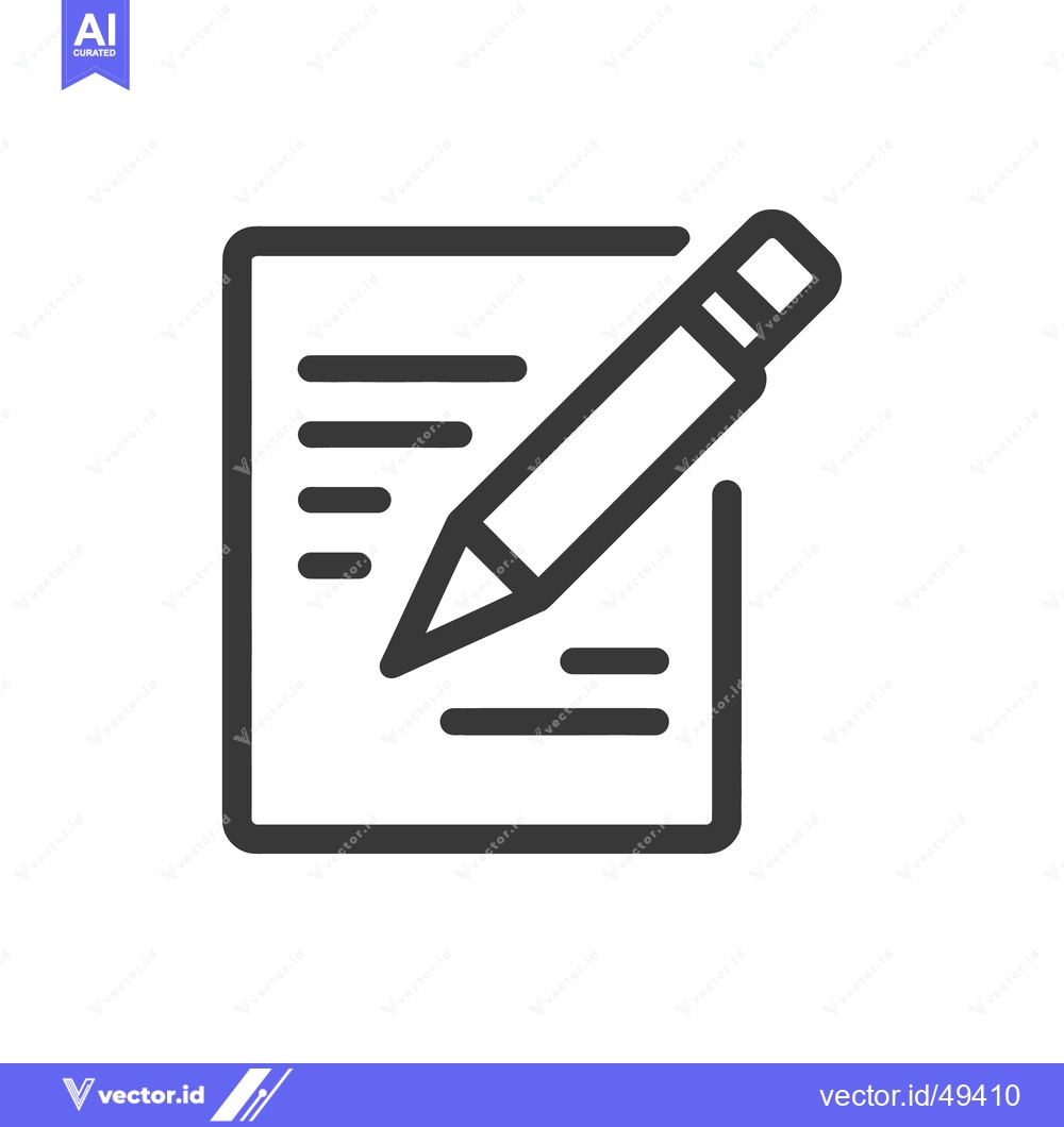 Premium Vector of Writing Icon: Pencil on Paper Document with Text Lines, Outline Style