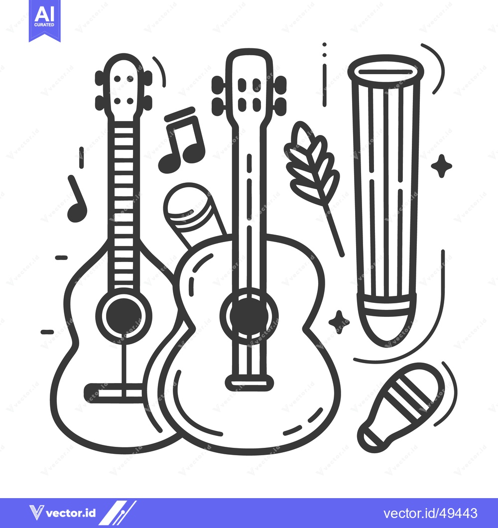 Premium Vector dari Black and white line art of musical instruments and notes