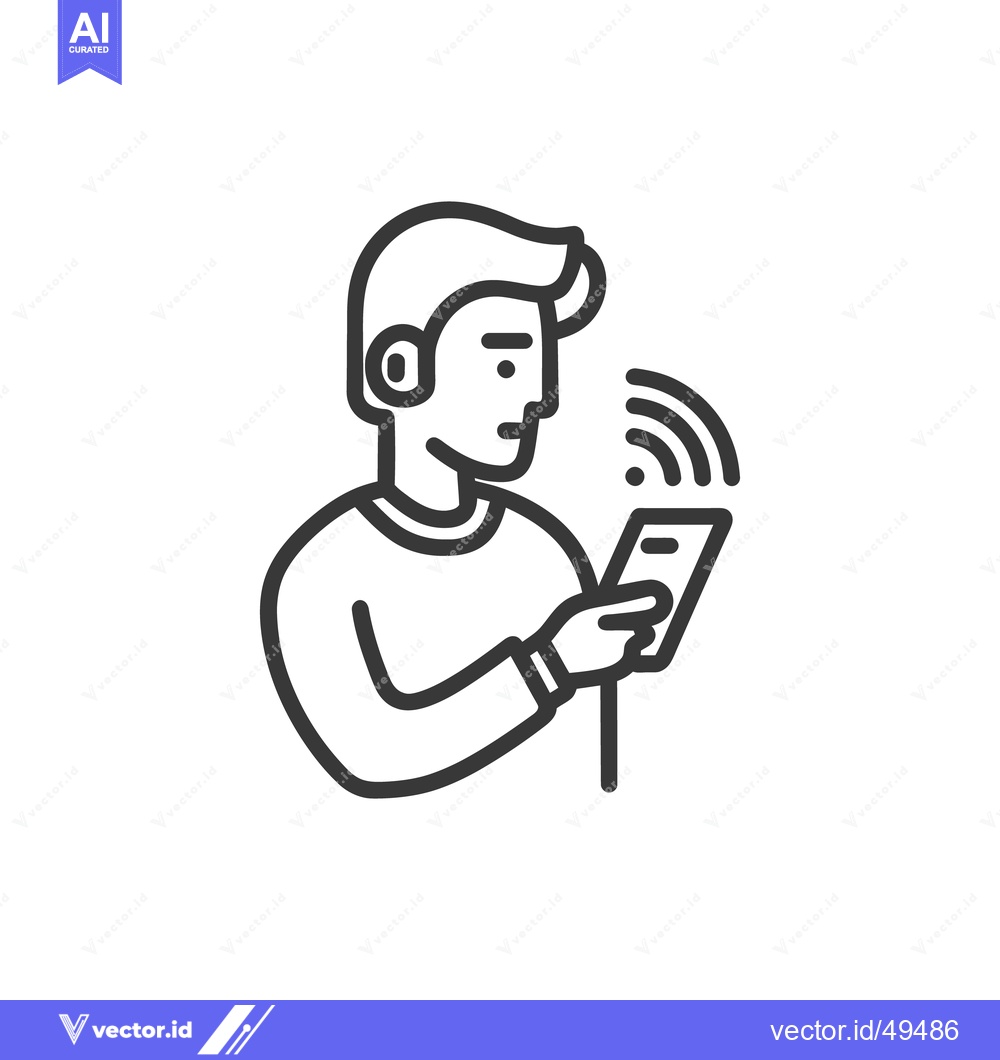 Premium Vector of Man Using Smartphone with Wireless Connection Icon, Line Art Style