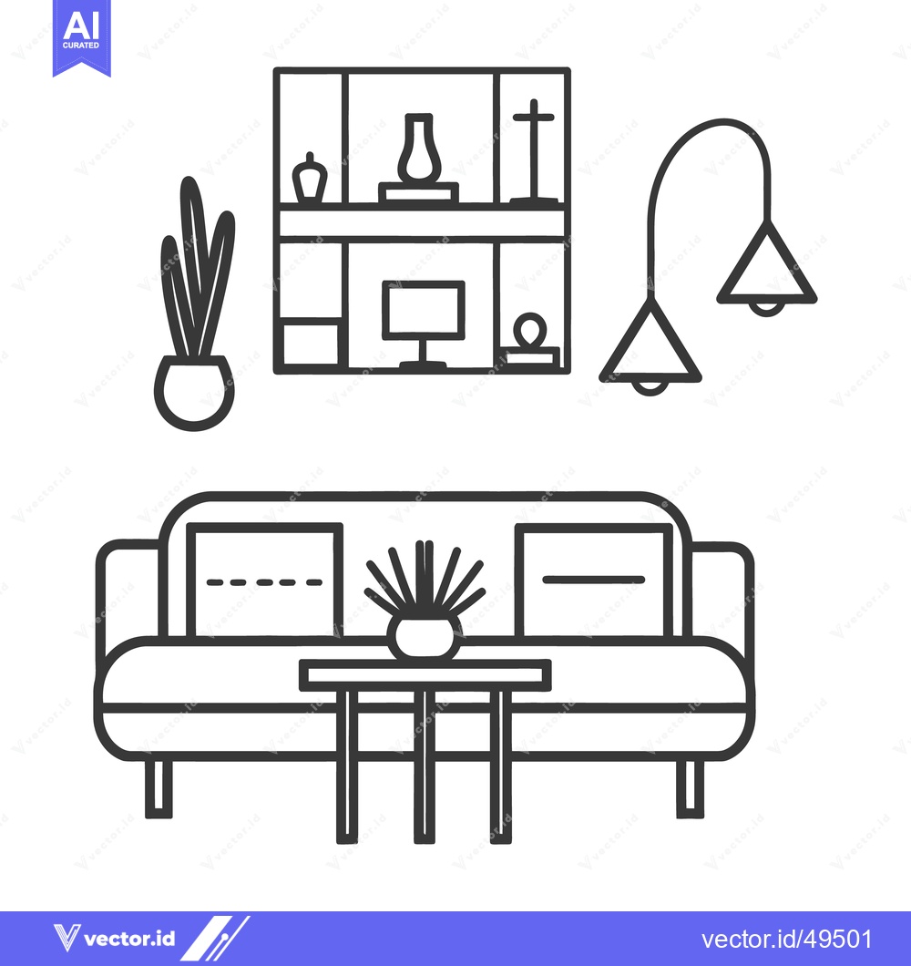 Premium Vector dari A line drawing depicts modern living room furniture and decor