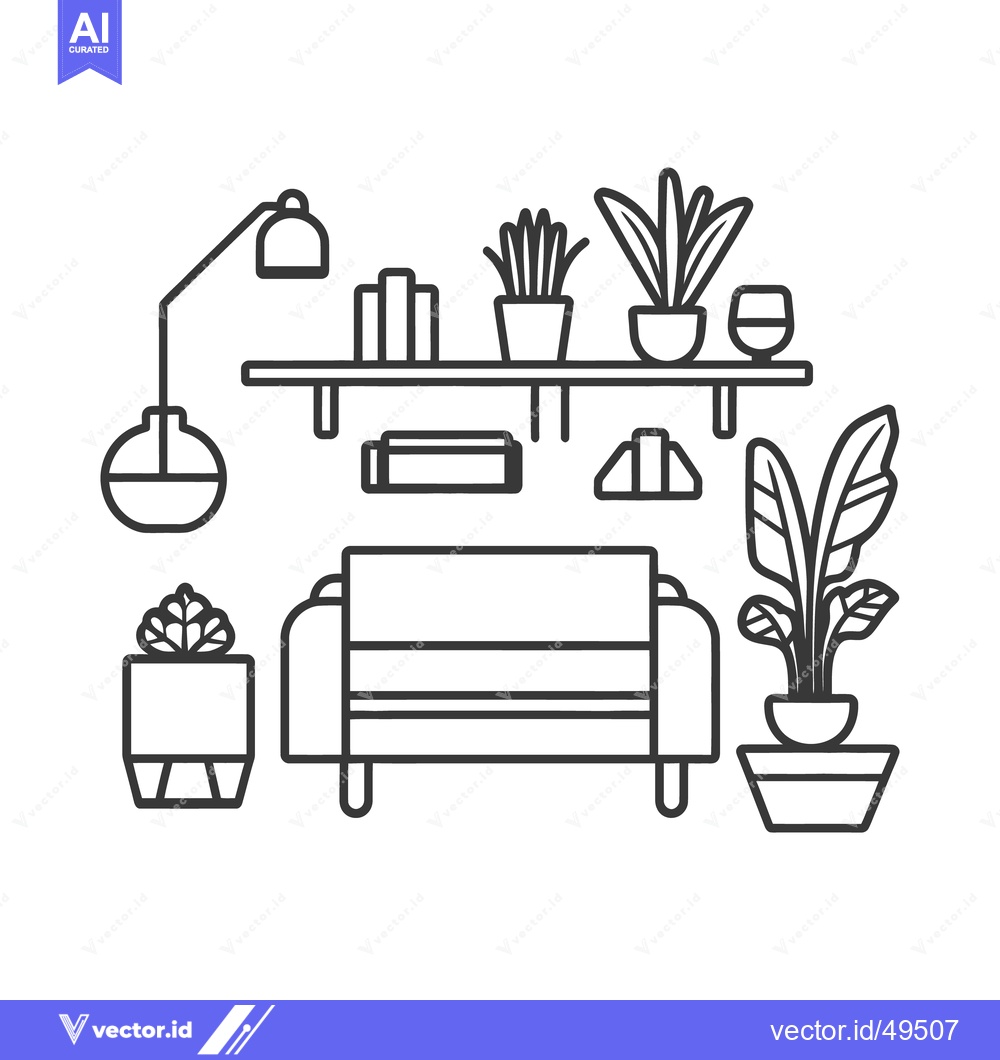 Premium Vector of An interior line drawing features furniture and potted houseplants