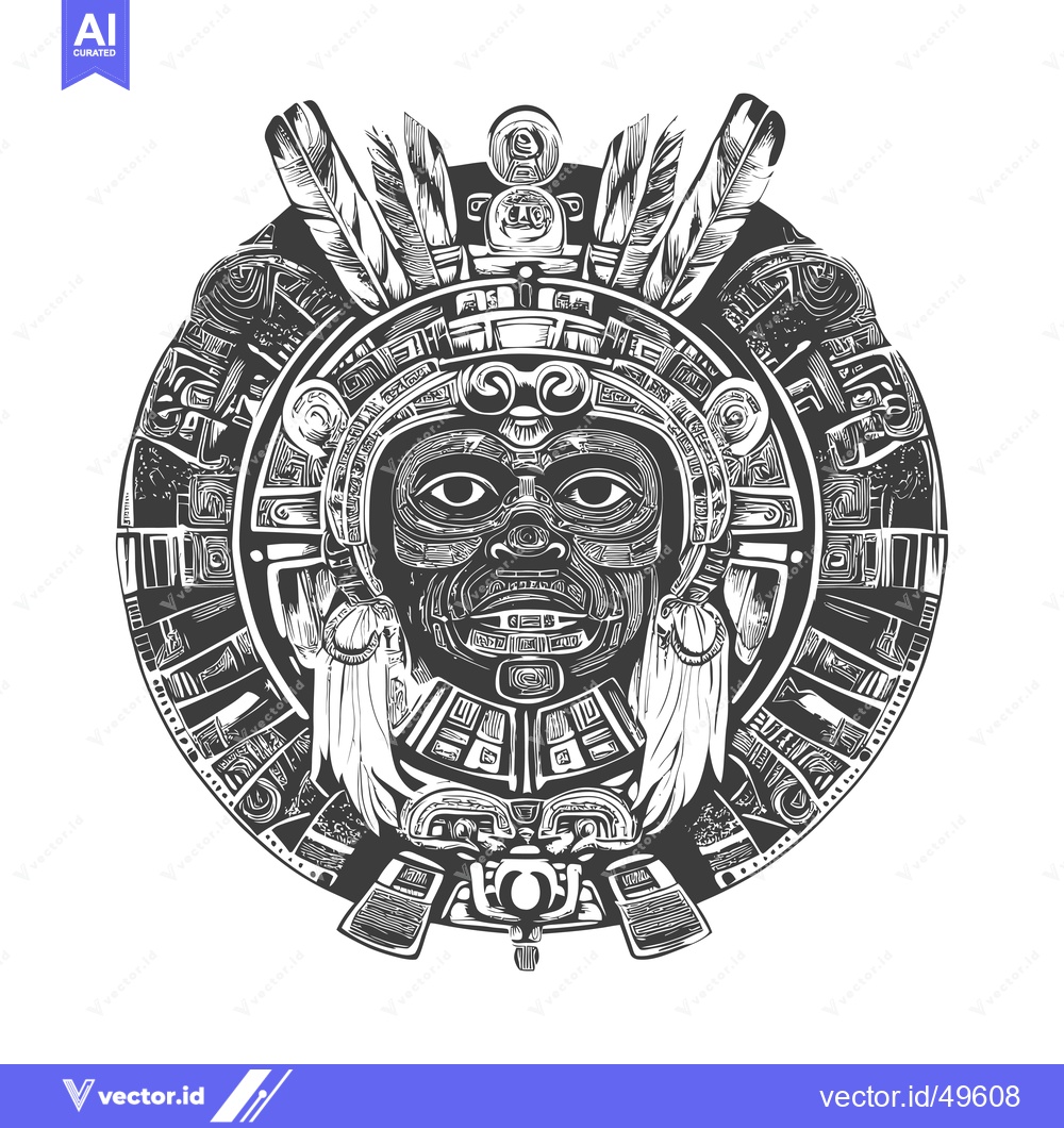 Premium Vector dari Intricate Aztec Design with a Detailed Face and Feathers
