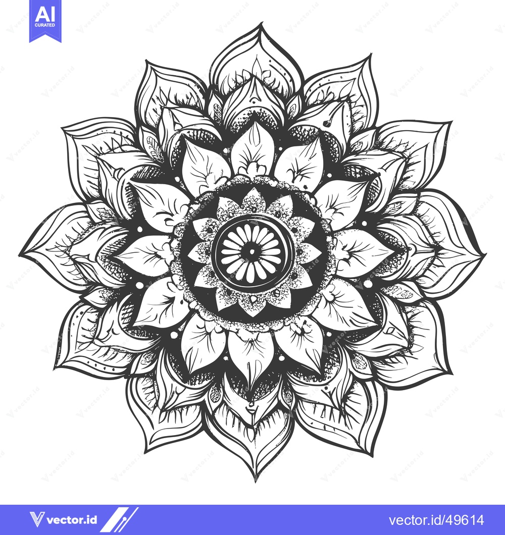 Premium Vector dari Intricate Black and White Floral Mandala with Detailed Petals