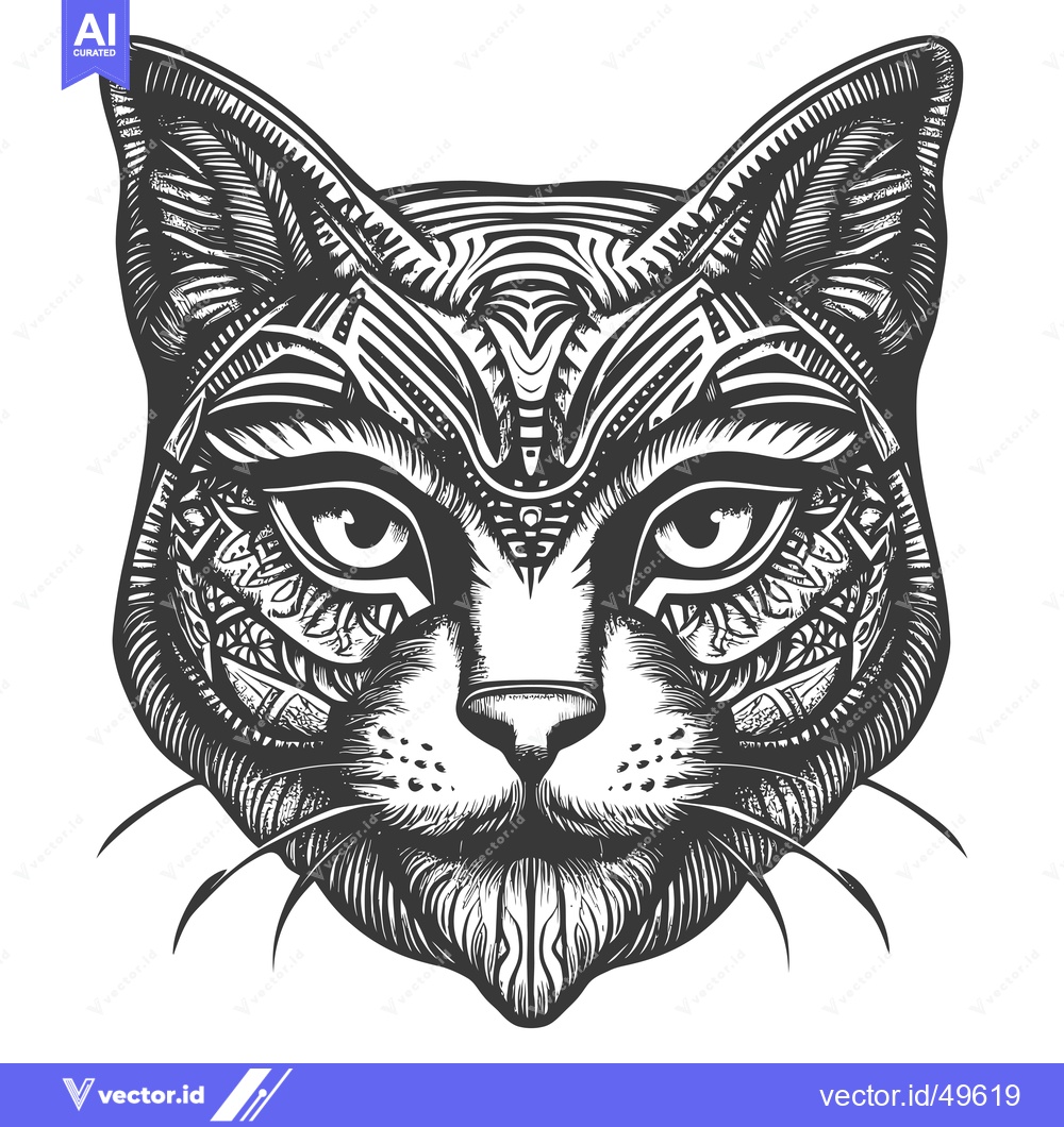 Premium Vector of Intricate Black and White Illustration of a Cat's Head