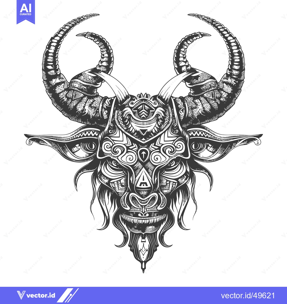 Premium Vector of Intricate Black and White Illustration of a Demon Goat Skull with Curl