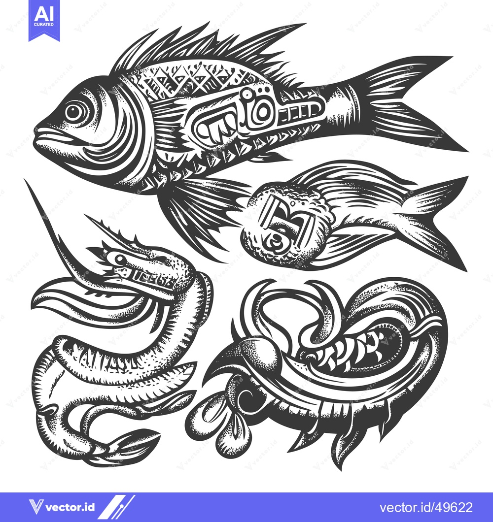 Premium Vector dari Intricate Black and White Illustration of a Fish and Two Shrimp