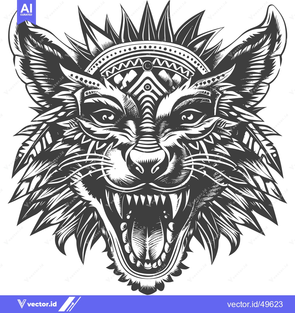 Premium Vector of Intricate Black and White Illustration of a Growling Wolf Head