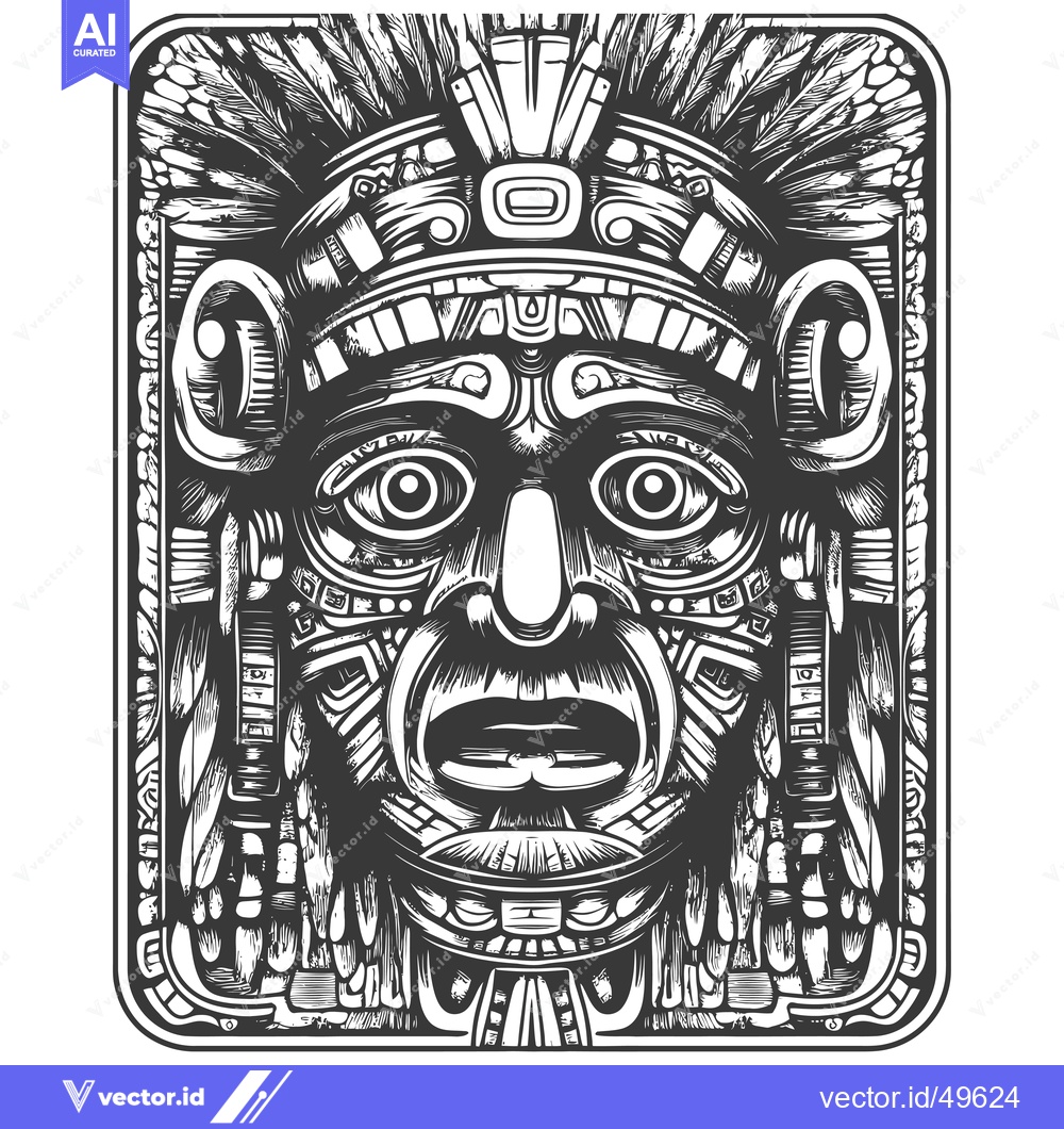 Premium Vector of Intricate Black and White Illustration of a Mayan Deity's Face