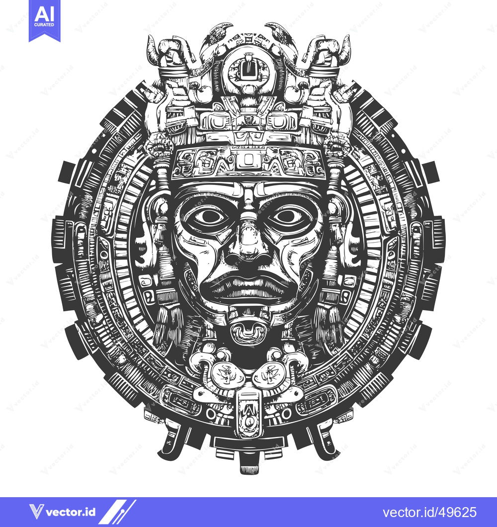 Premium Vector dari Intricate Black and White Illustration of a Mayan Deity's Face