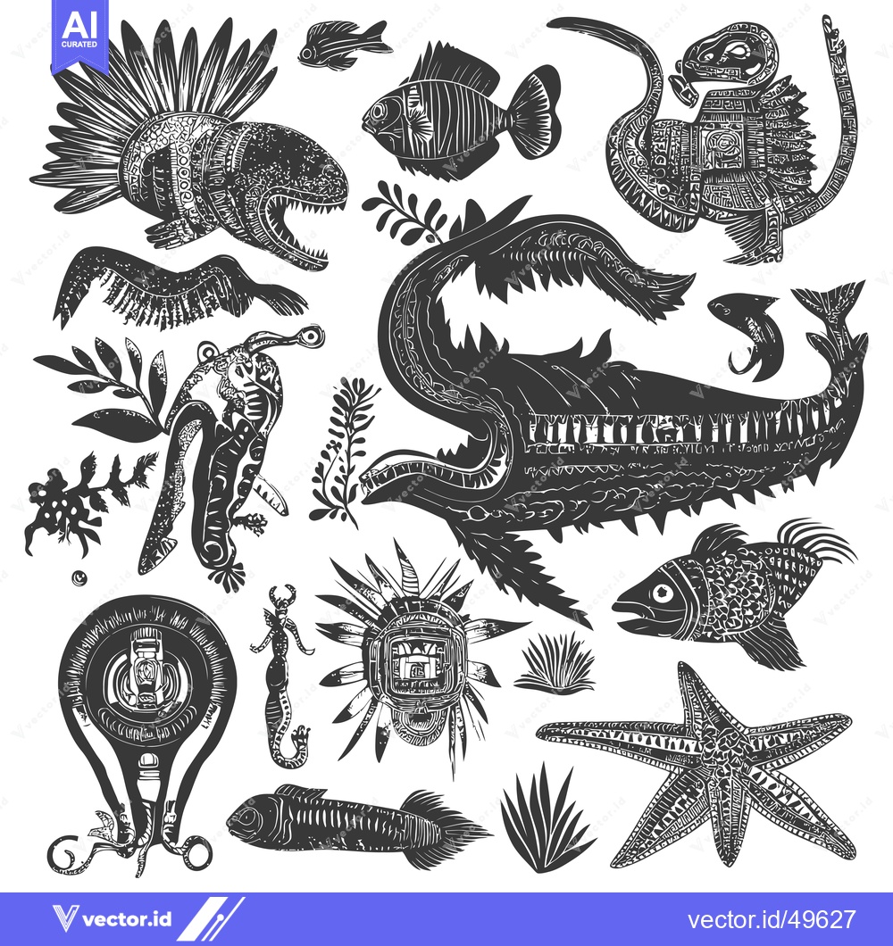 Premium Vector of Intricate Black and White Illustration of Various Aquatic Creatures an