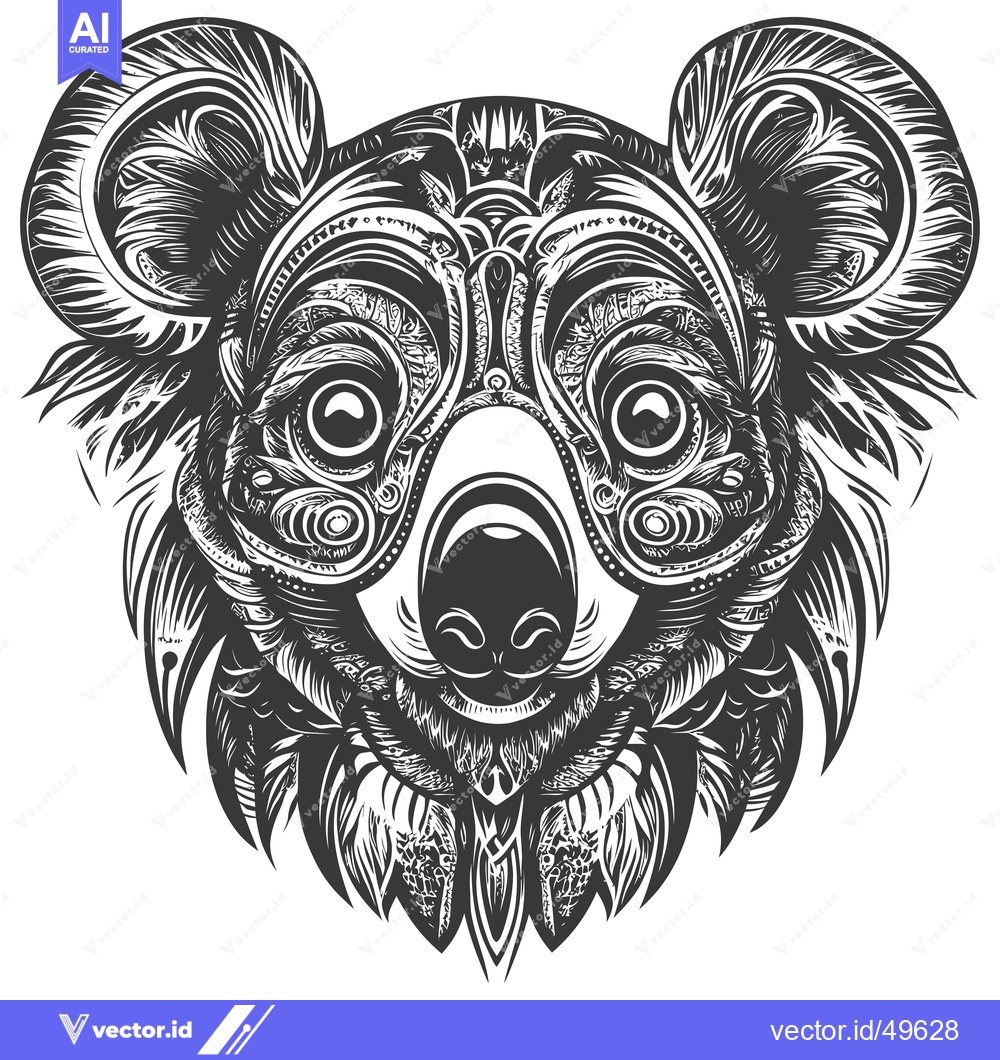 Premium Vector of Intricate Black and White Koala Face with Ornamental Detail