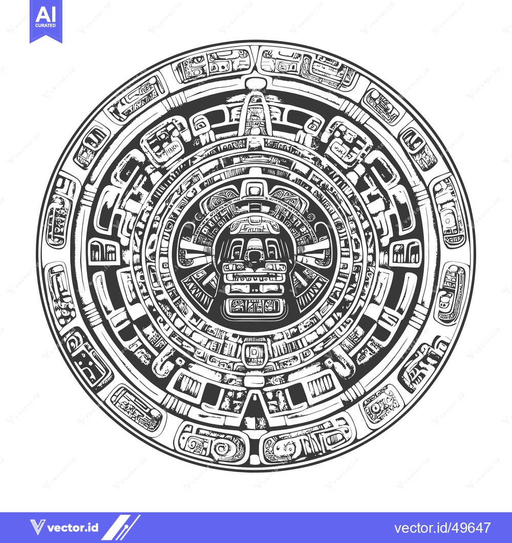 Premium Vector dari Intricate Circular Mayan Calendar Design with Central Deity Face