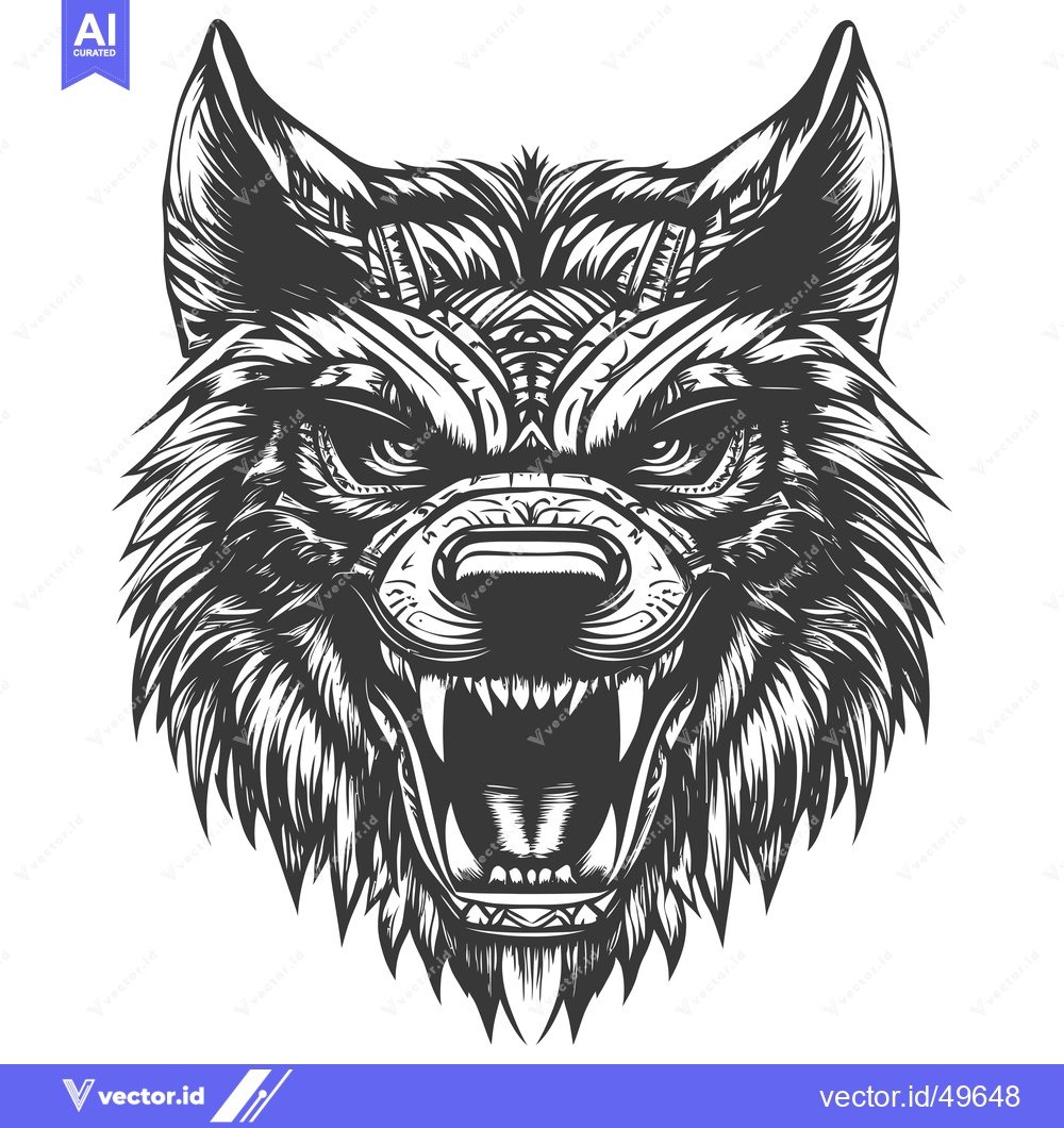 Premium Vector of Intricate Detailed Black and White Wolf Head with Open Mouth and Fangs