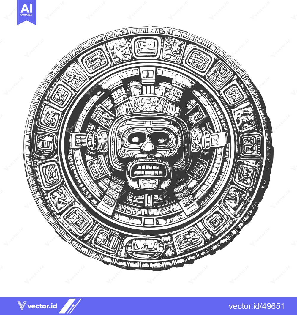 Premium Vector dari Intricately Carved Circular Stone with a Central Mayan Face Depiction