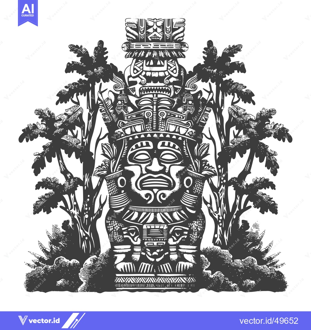 Premium Vector of Intricately Carved Stone Idol Standing Amidst Lush Foliage