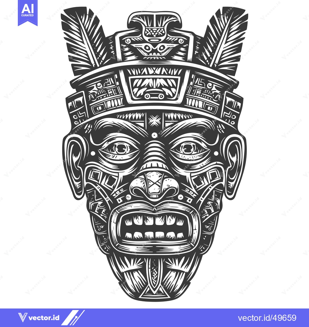 Premium Vector dari Intricately Designed Black and White Mayan Mask with Feathers