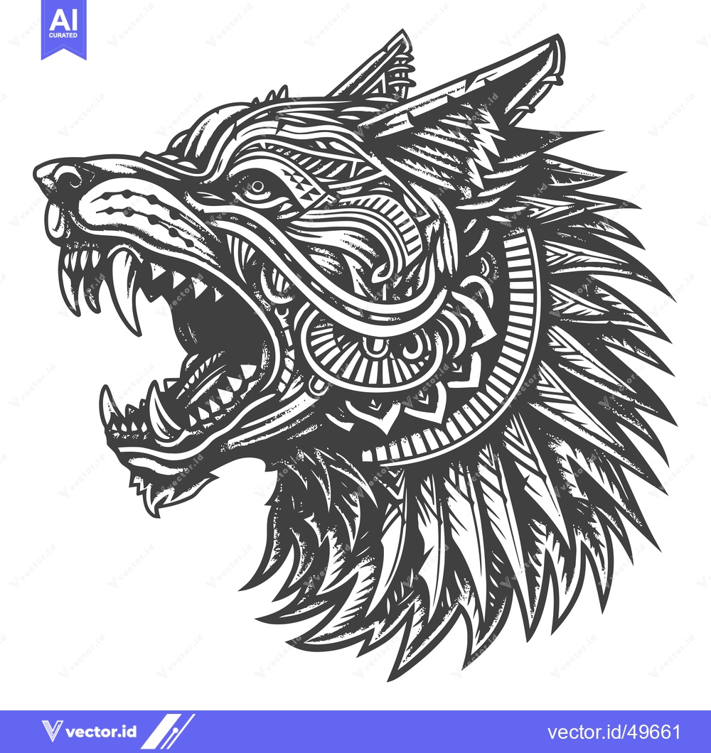 Premium Vector dari Intricately Designed Wolf Head with Open Mouth and Sharp Teeth
