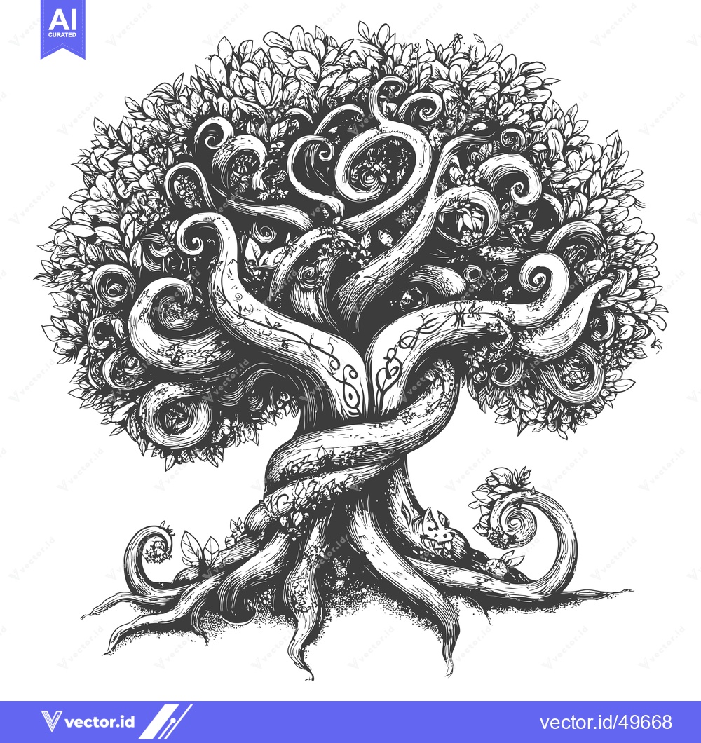 Premium Vector of Intricately Detailed Black and White Illustration of a Twisted Tree wi