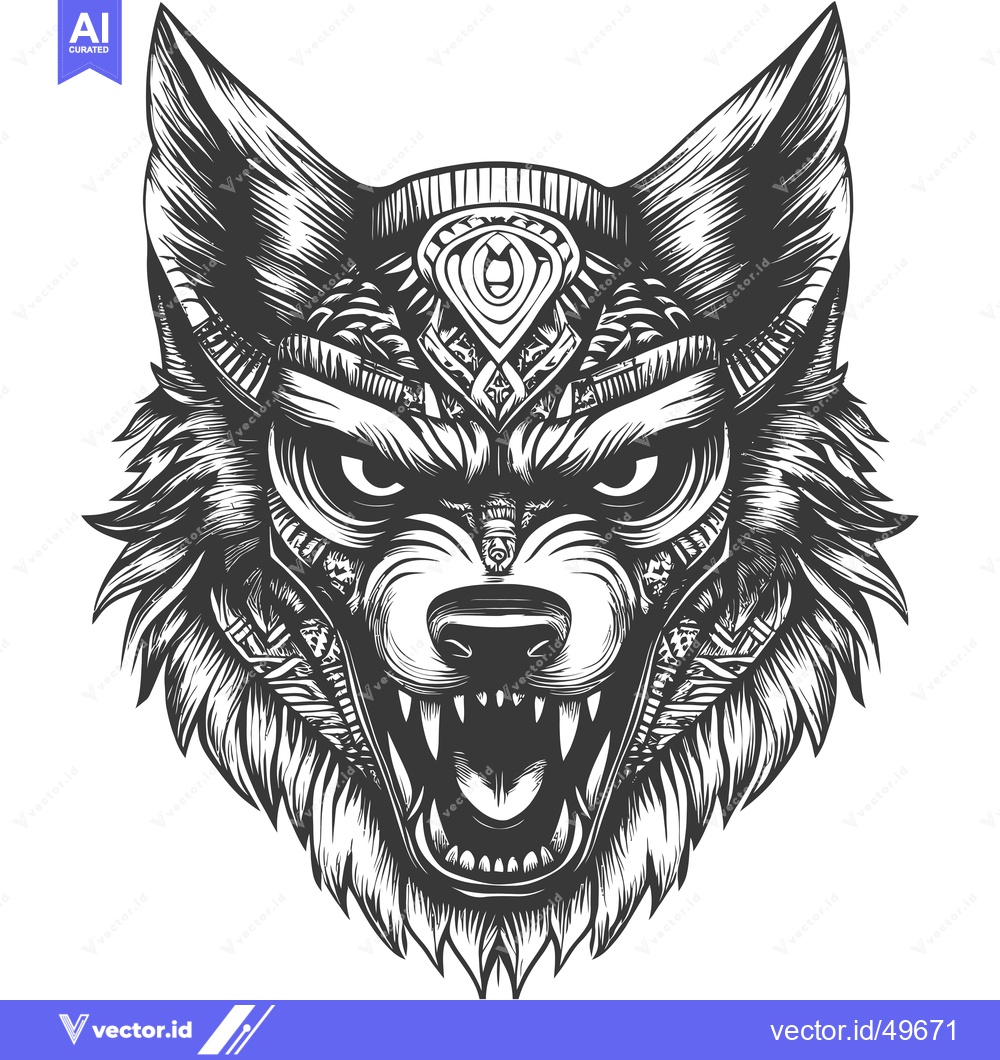 Premium Vector of Intricately Detailed Black and White Wolf Head with Geometric Pattern