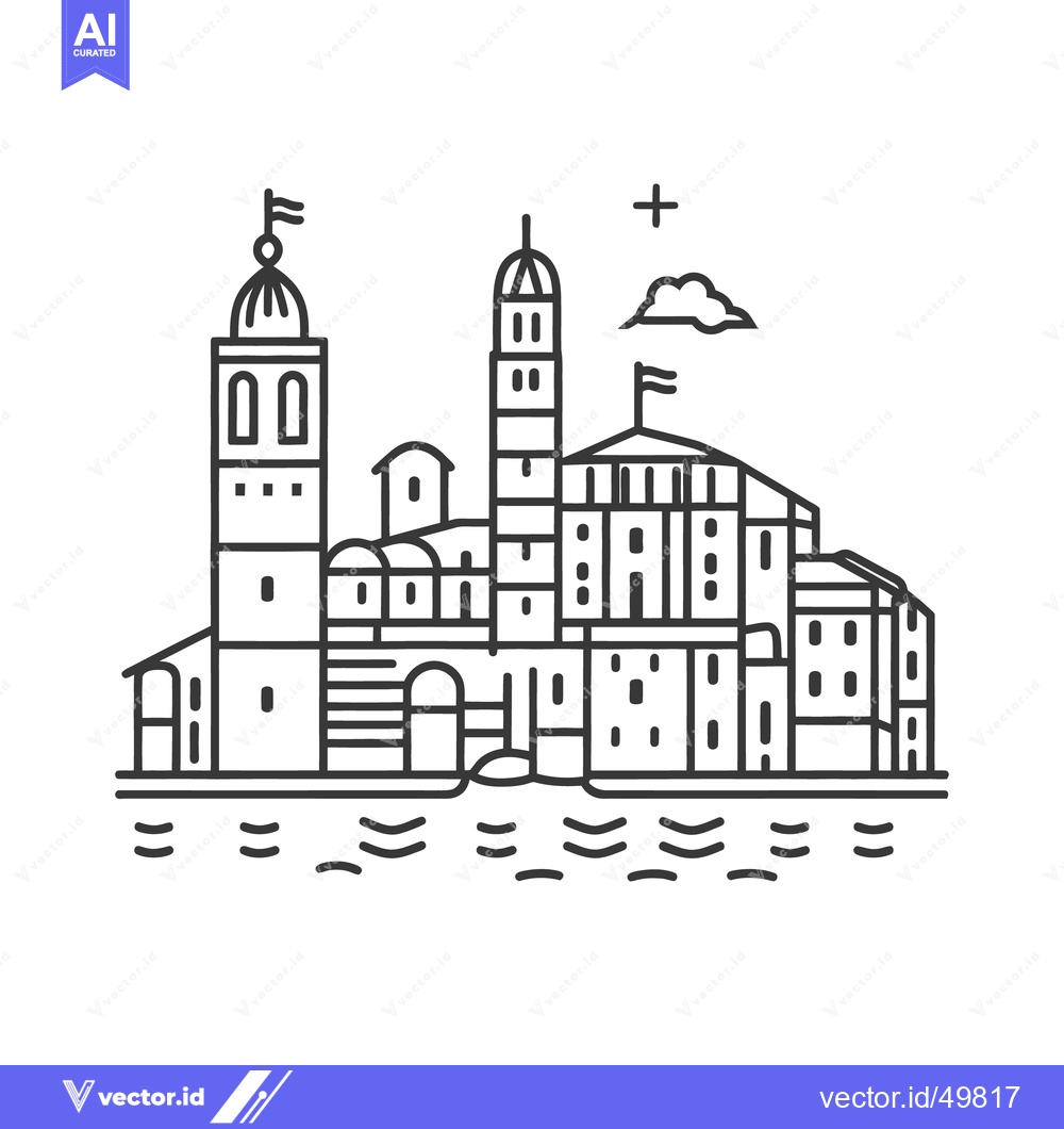 Premium Vector of A line drawing illustration of an old waterside cityscape