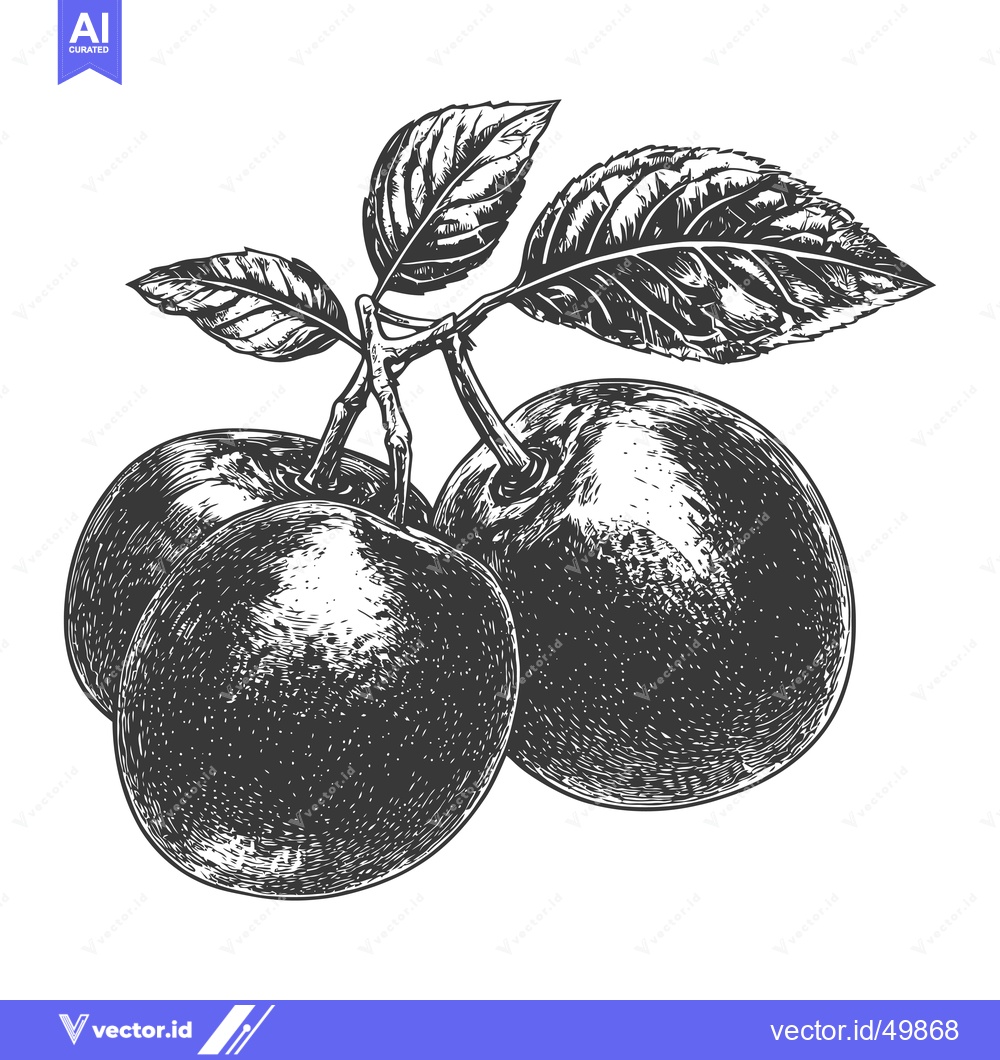 Premium Vector of Three Plums with Leaves a Detailed Engraving Illustration