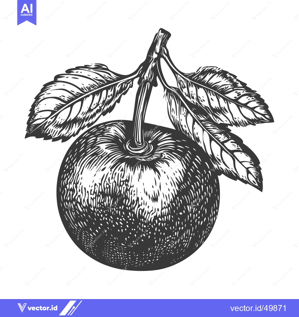 Premium Vector of An Engraved Illustration Of A Single Apple With Leaves